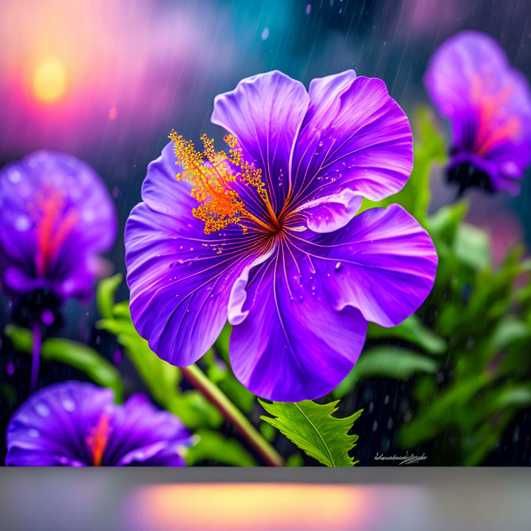 Vibrant purple flower with yellow stamens in raindrops on floral backdrop