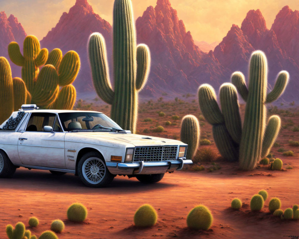 Vintage white car parked in desert with cacti and mountains at sunset