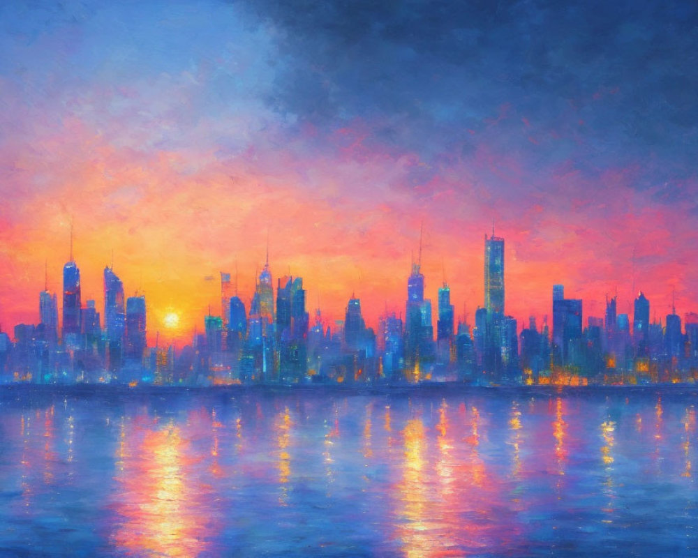 City skyline at sunset painting with water reflections in vibrant blues, pinks, and oranges