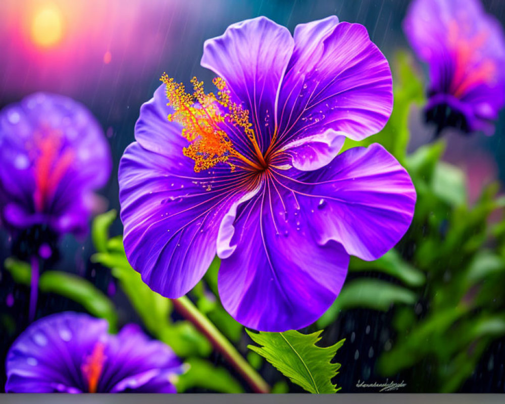 Vibrant purple flower with yellow stamens in raindrops on floral backdrop