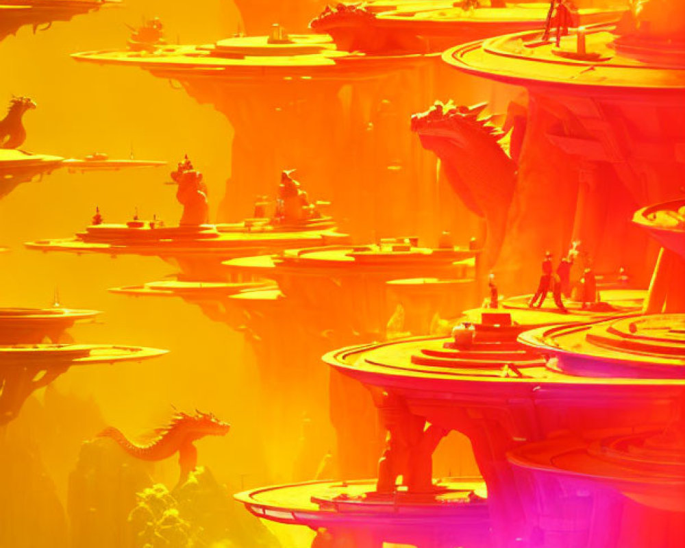 Golden landscape with cliffs, floating platforms, and dragon-like creatures in misty setting