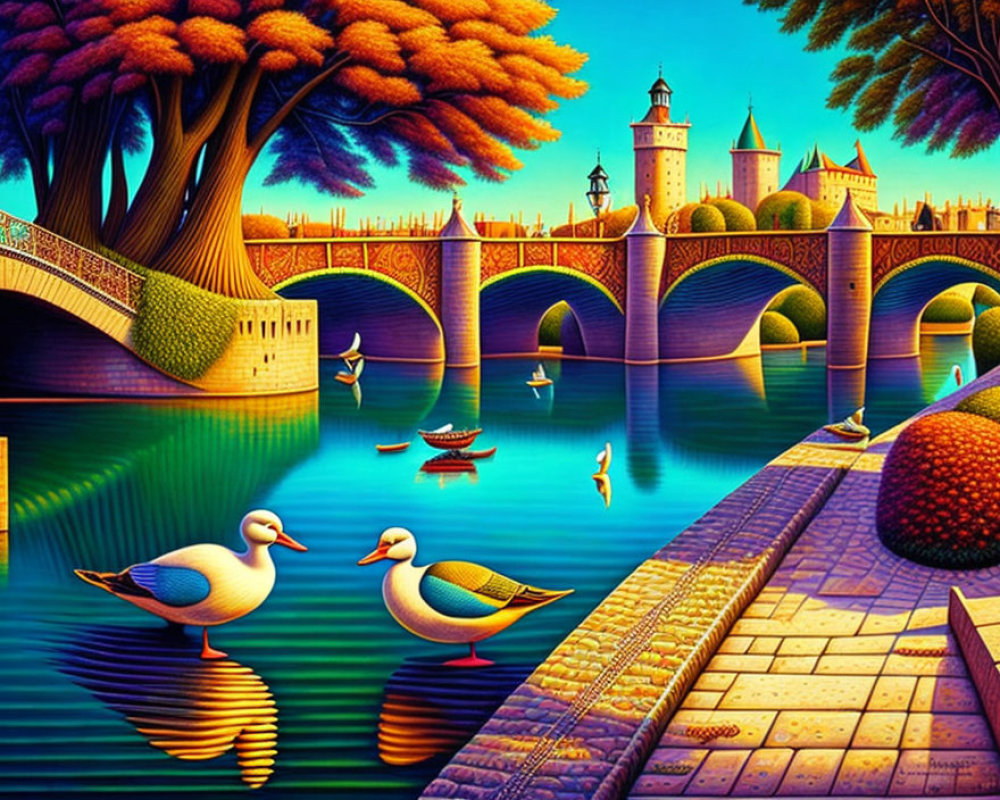 Colorful Illustration of Whimsical Landscape with Ducks, River, Bridge, and Castles