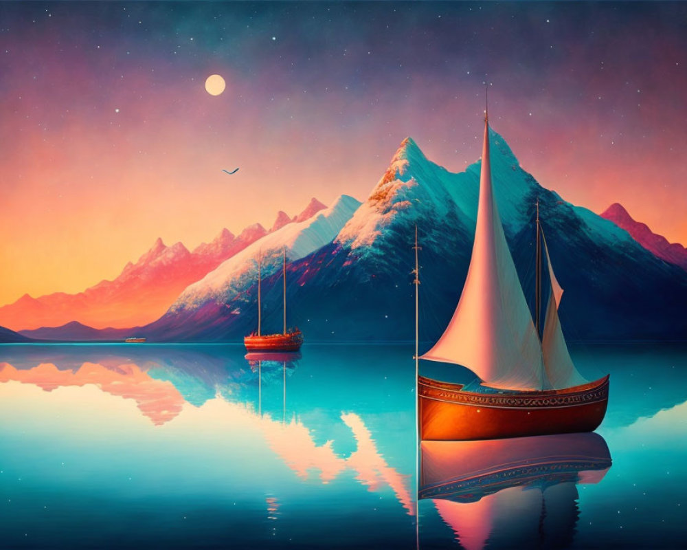 Sailboats on calm lake with colorful sky, snow-capped mountains, and moon at dusk