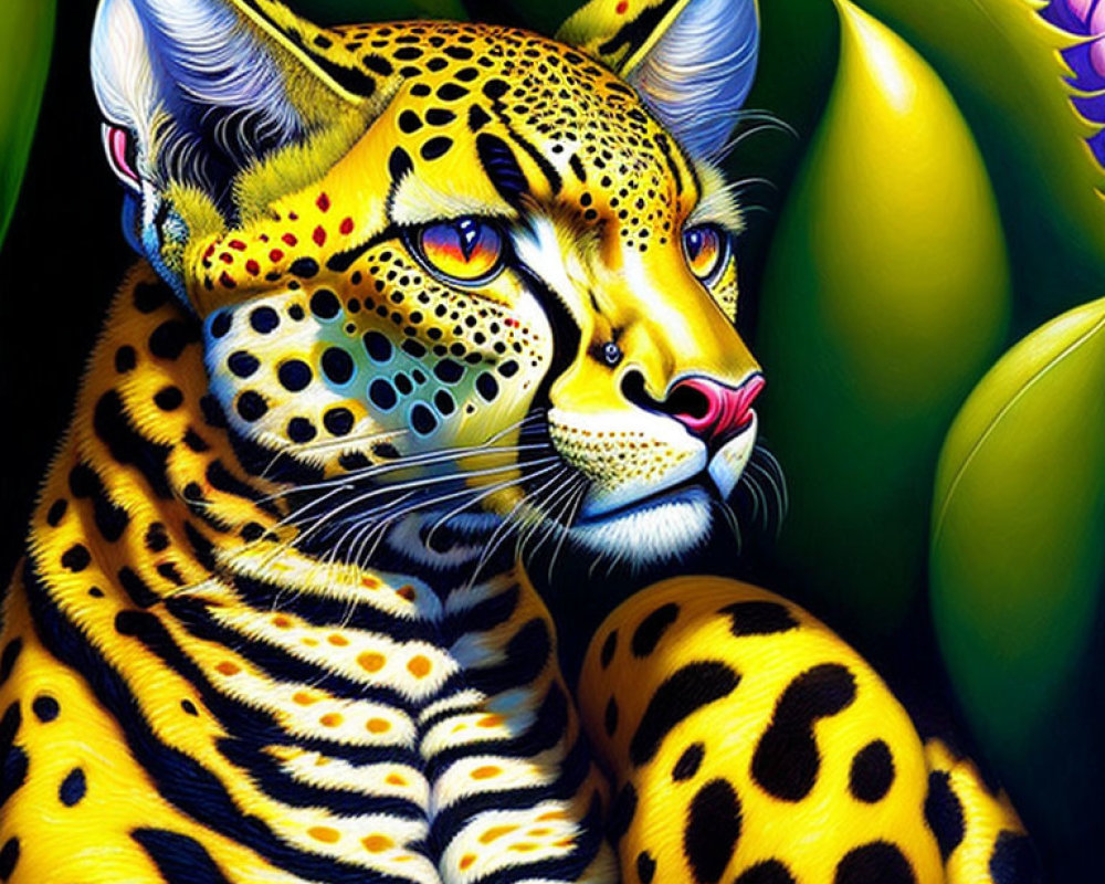 Colorful Leopard Illustration with Yellow and Black Spots and Green Leaves