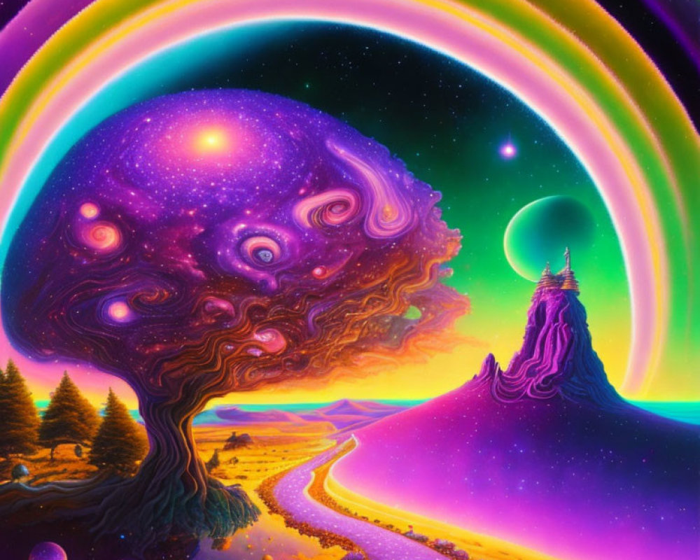 Surreal landscape with galaxy tree, rainbow arcs, castle, purple mountain