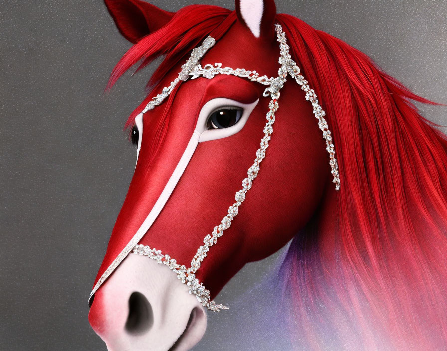 Stylized horse with red mane and jewelry on gray background