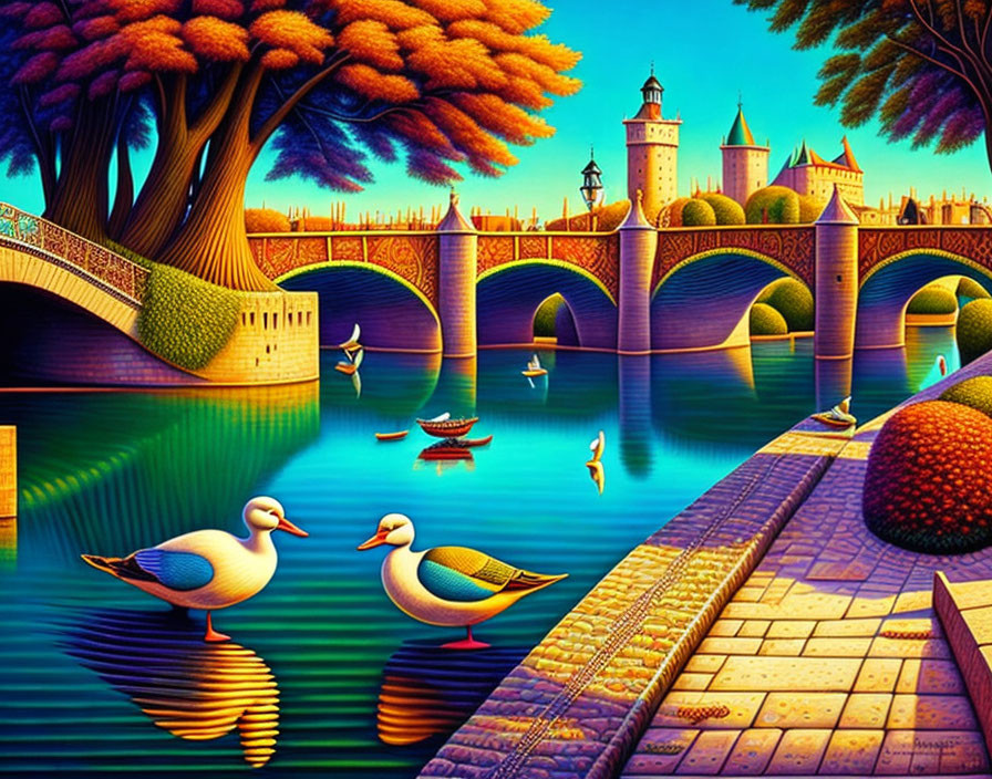 Colorful Illustration of Whimsical Landscape with Ducks, River, Bridge, and Castles