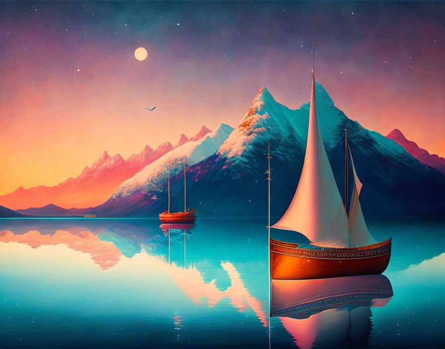 Sailboats on calm lake with colorful sky, snow-capped mountains, and moon at dusk