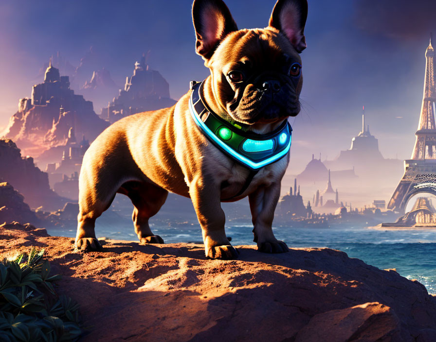 French Bulldog with futuristic collar in front of fantasy Eiffel Tower at sunset