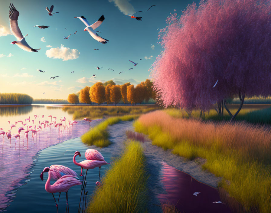 Tranquil landscape with pink flamingos, colorful trees, and birds in flight