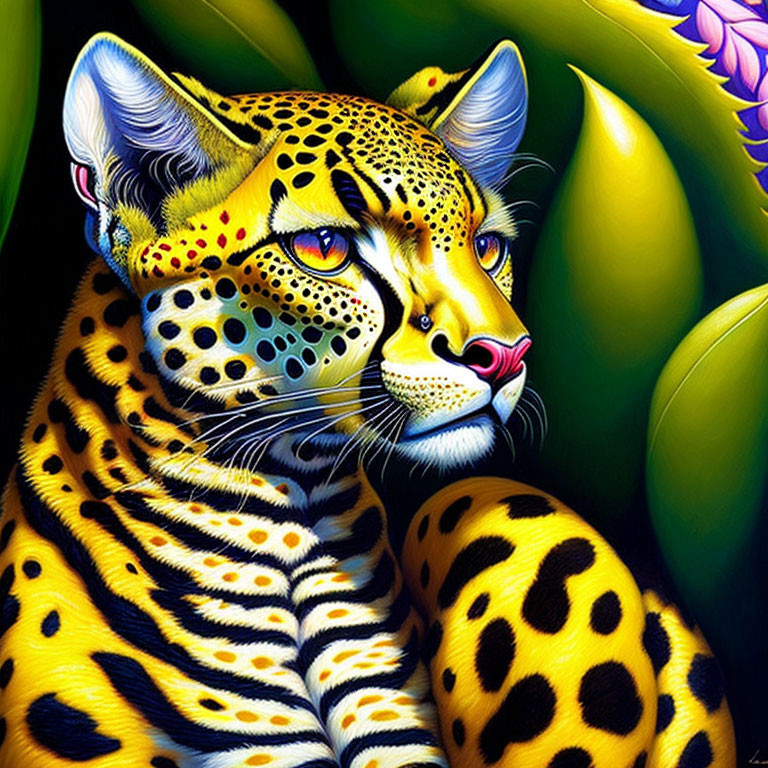 Colorful Leopard Illustration with Yellow and Black Spots and Green Leaves