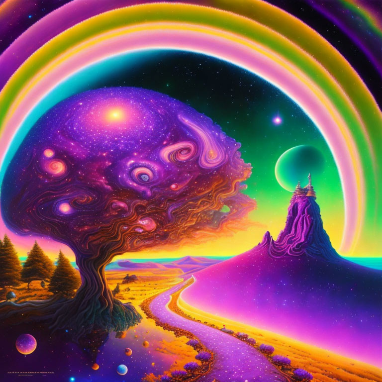 Surreal landscape with galaxy tree, rainbow arcs, castle, purple mountain