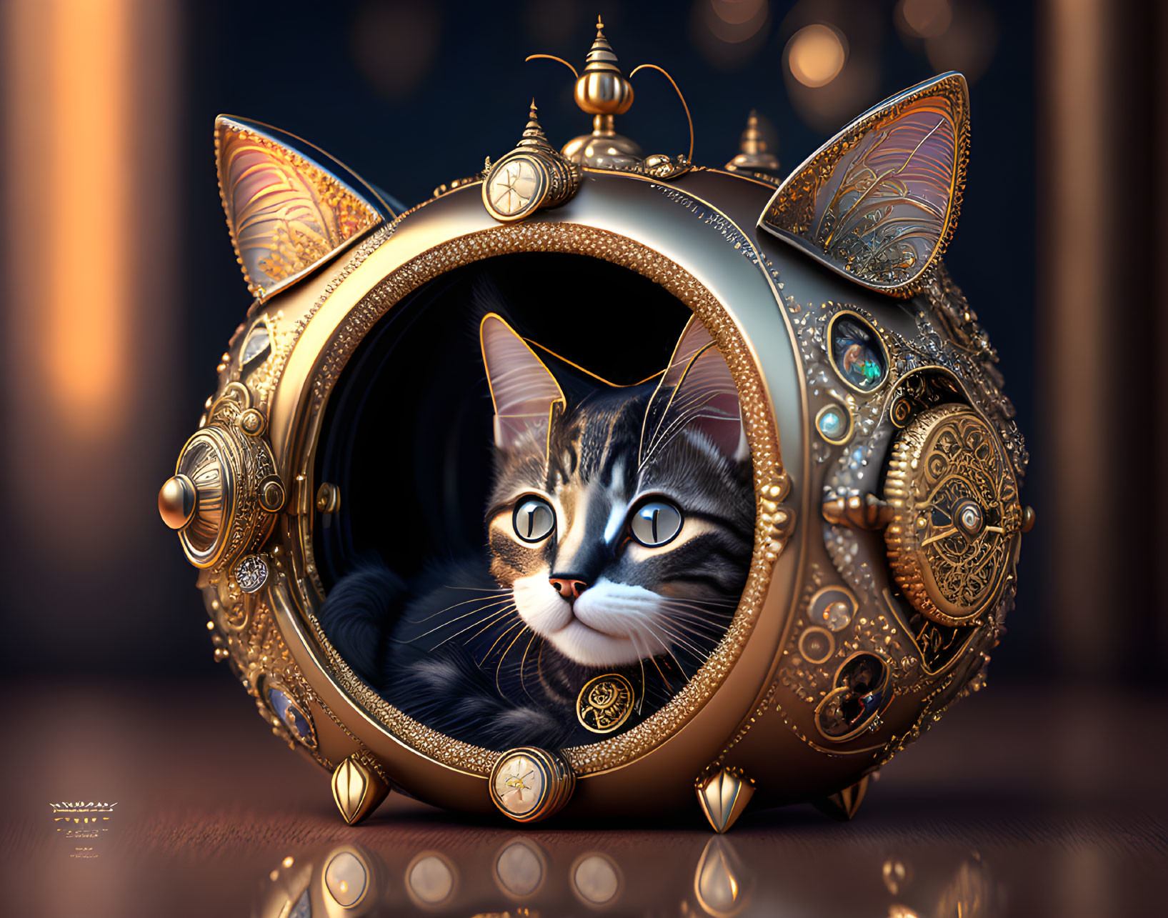 Tabby Cat in Steampunk-Inspired Spherical Capsule