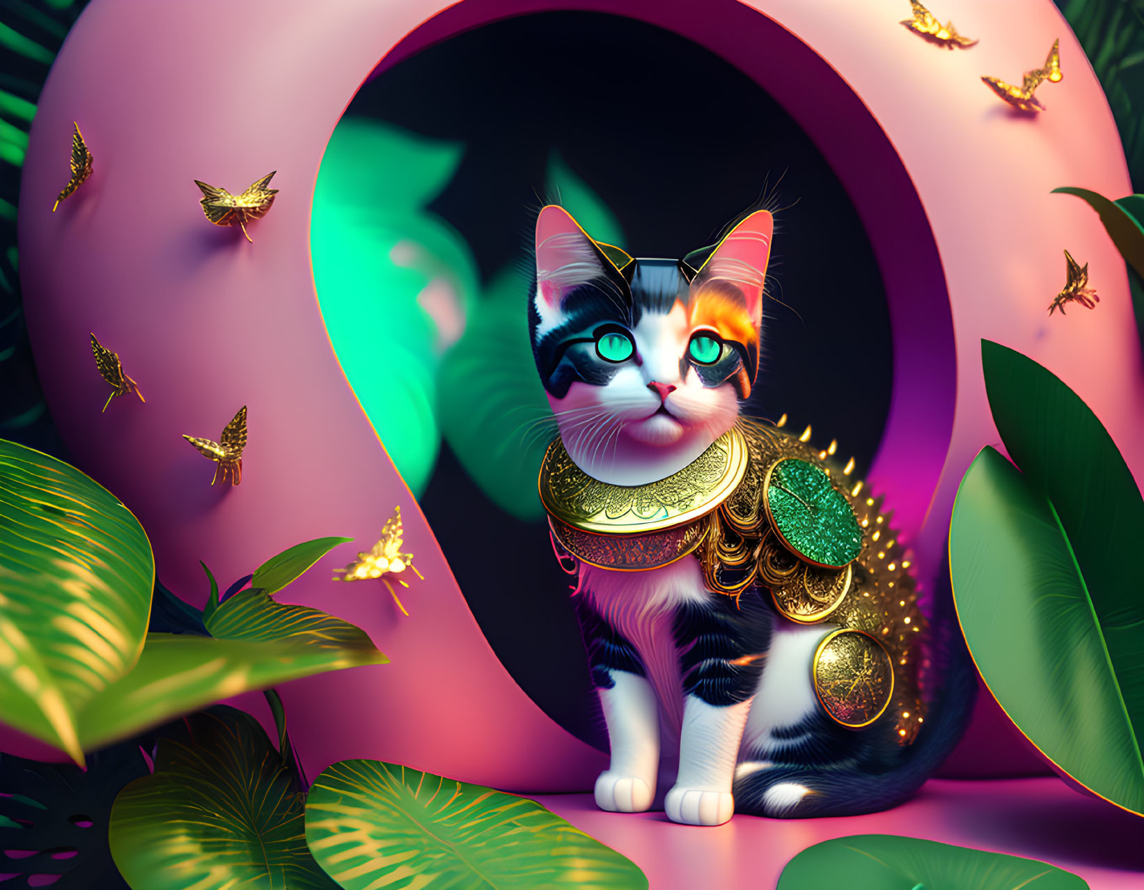 Colorful illustration of whimsical cat with gold jewelry in lush setting