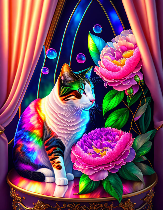 Calico Cat with Pink Peonies in Stained-Glass Setting