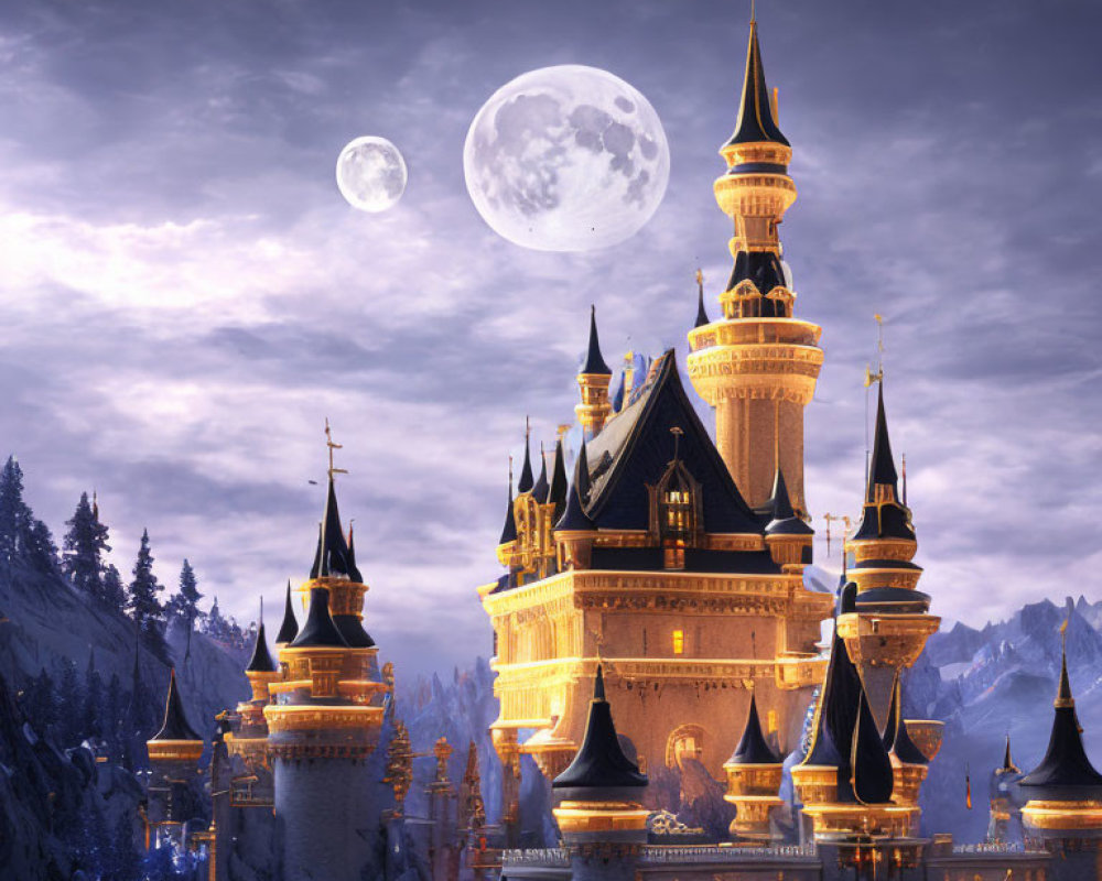 Majestic fantasy castle on snowy cliffs under moonlight