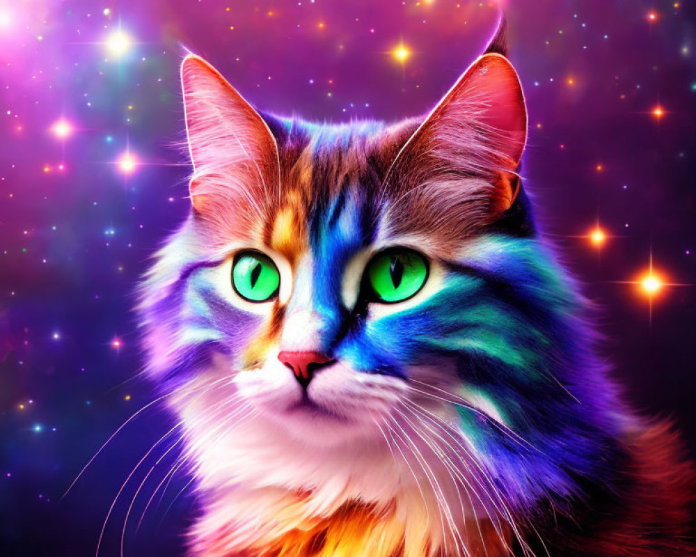 Colorful Cat Artwork with Green Eyes on Cosmic Background