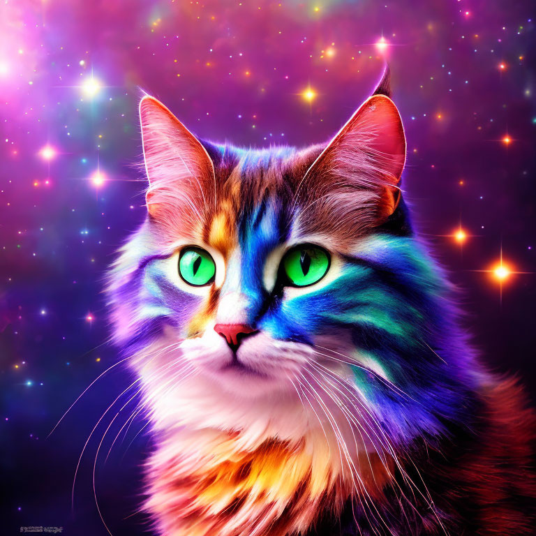 Colorful Cat Artwork with Green Eyes on Cosmic Background