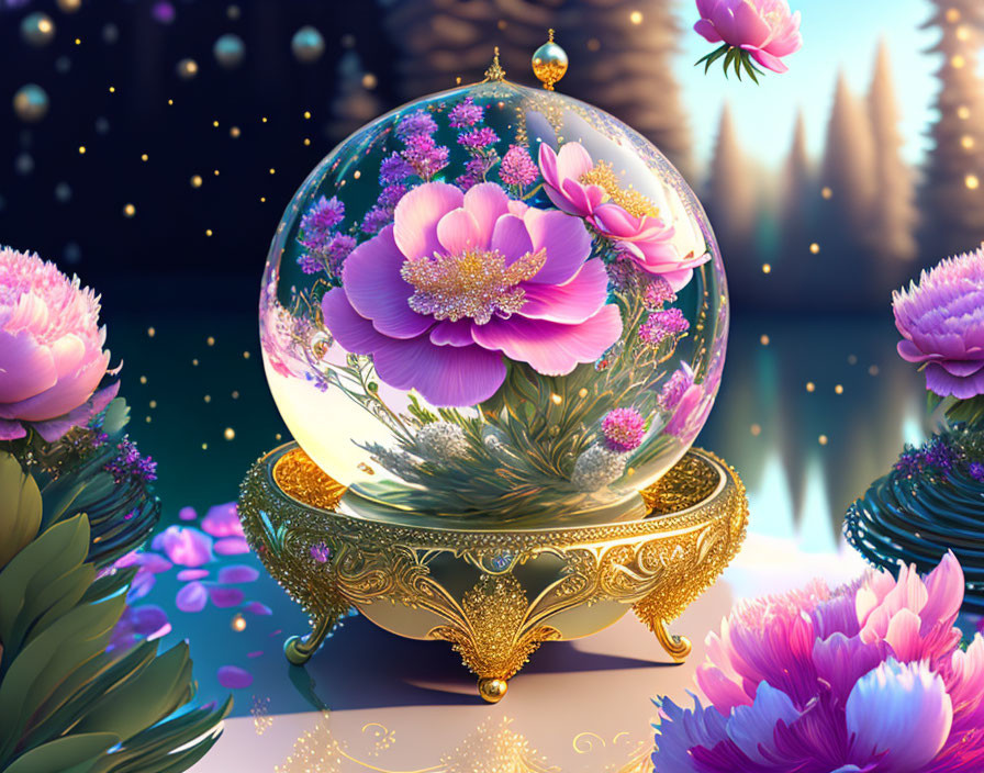 Colorful crystal ball illustration with pink flowers and twilight forest backdrop