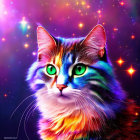 Colorful Cat Artwork with Green Eyes on Cosmic Background