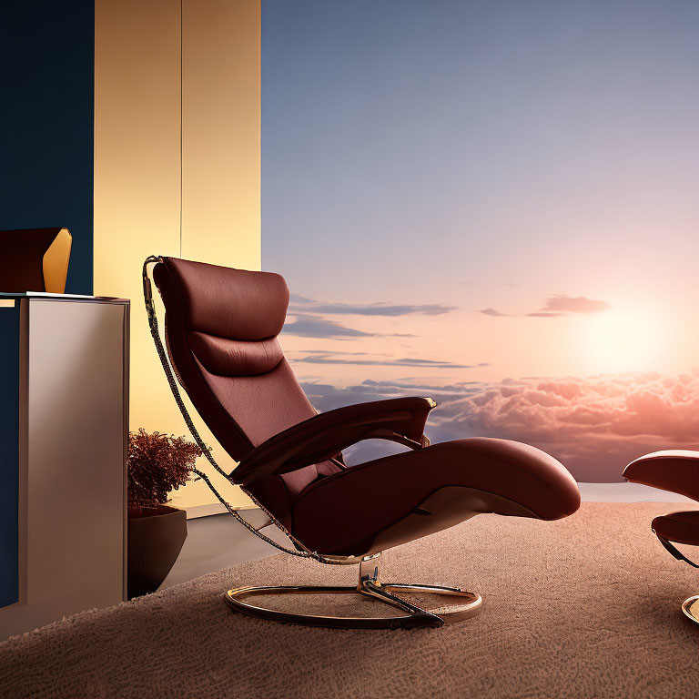 Modern Leather Recliner & Ottoman Set in Surreal Sunset Sky Setting