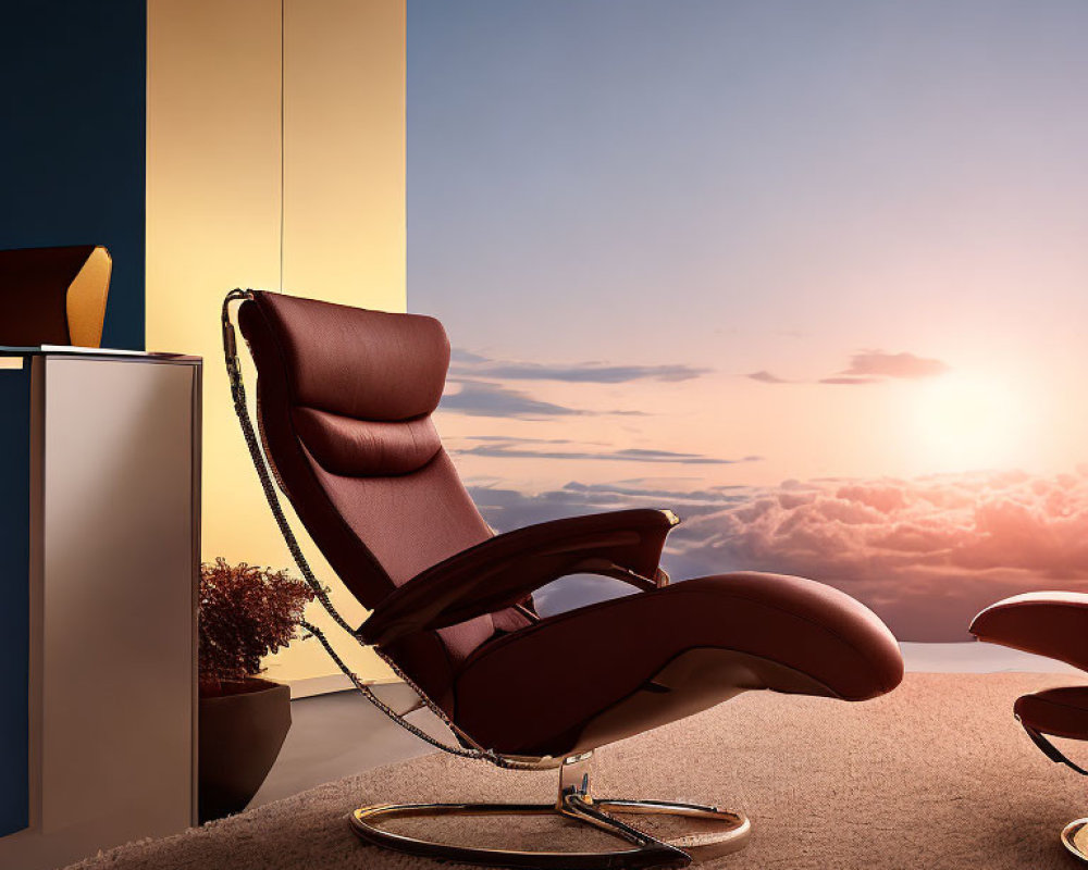 Modern Leather Recliner & Ottoman Set in Surreal Sunset Sky Setting