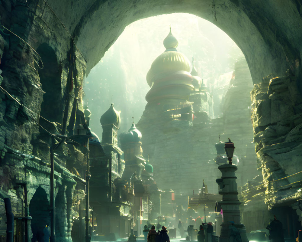 Mystical city with Eastern-style architecture and figures under archway