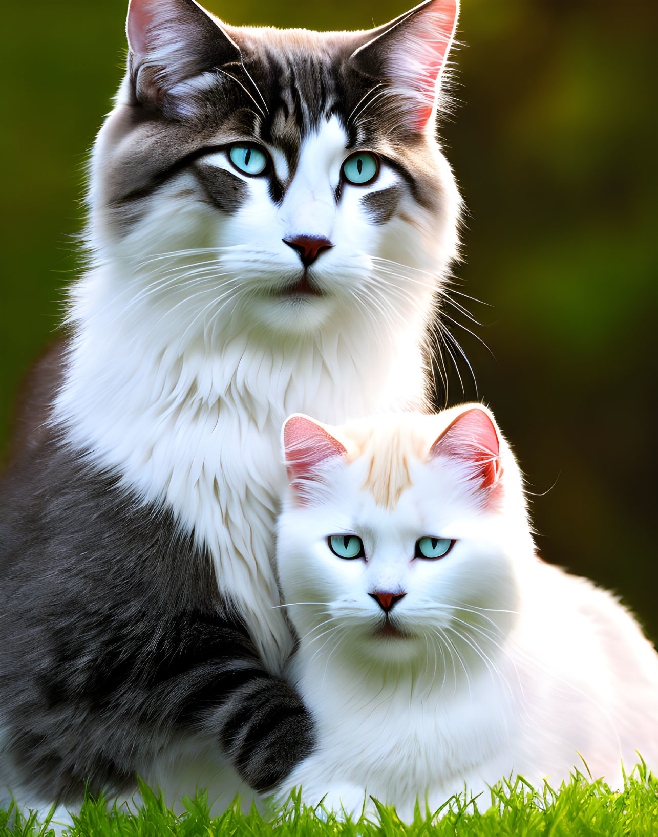 Two cats with striking blue eyes on grass, one gray and white, the other cream and white.