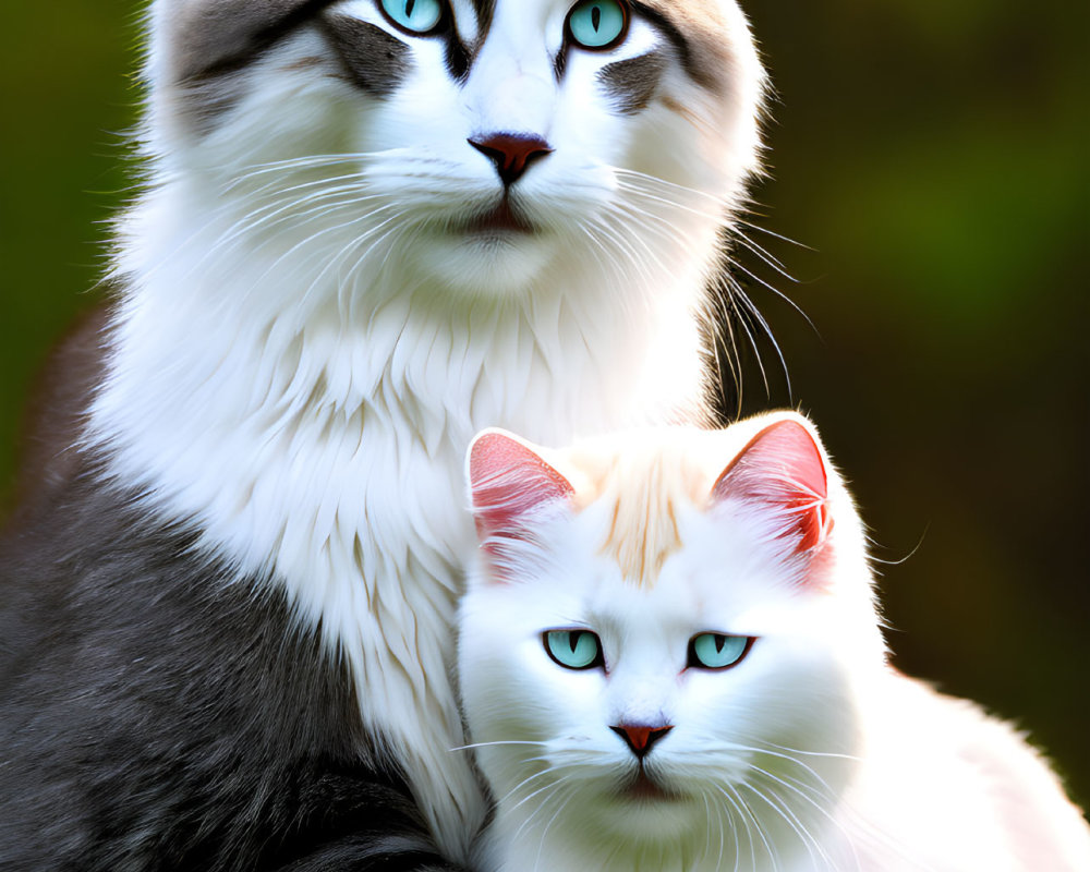 Two cats with striking blue eyes on grass, one gray and white, the other cream and white.