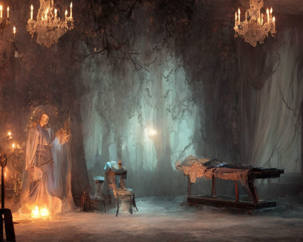 Ethereal room with tree roots, chandeliers, ghostly figure, and cobweb-d