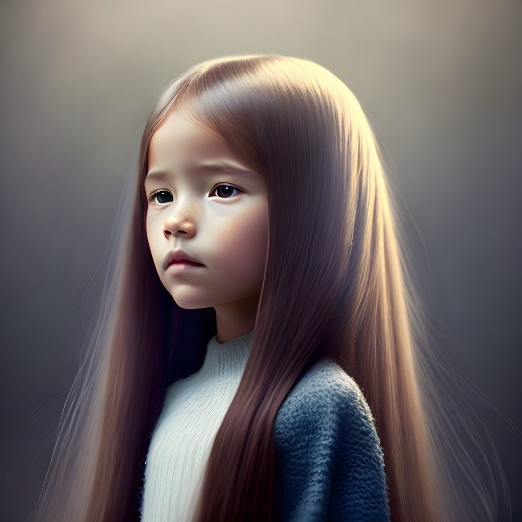 Young girl portrait with long brown hair in white and blue sweater, gazing reflectively.