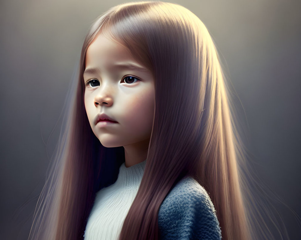 Young girl portrait with long brown hair in white and blue sweater, gazing reflectively.