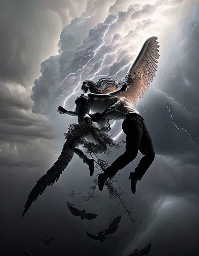 Mythical winged figure with lyre in dramatic sky surrounded by birds and dark clouds