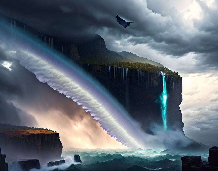 Scenic image of high cliff, waterfalls, stormy sky, light rays, and bird