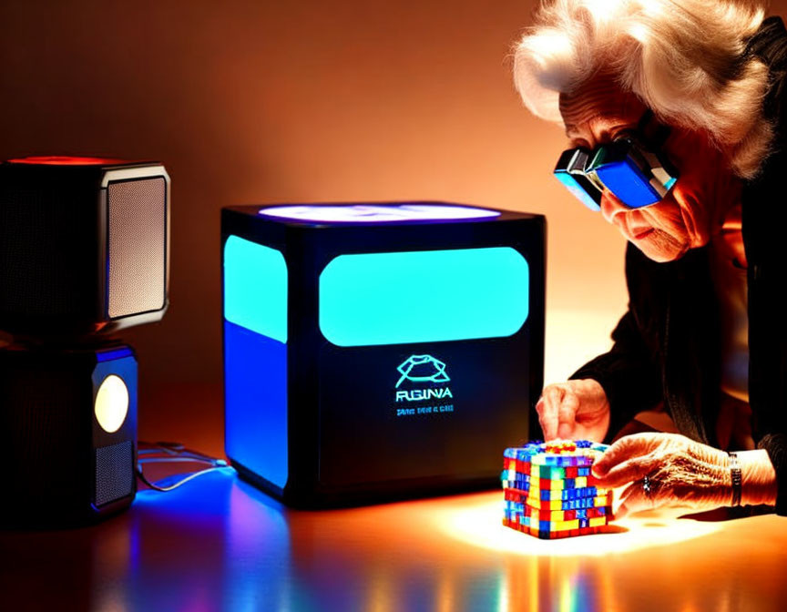 Elderly Person Solving Colorful Rubik's Cube with 3D Glasses and LED Speakers