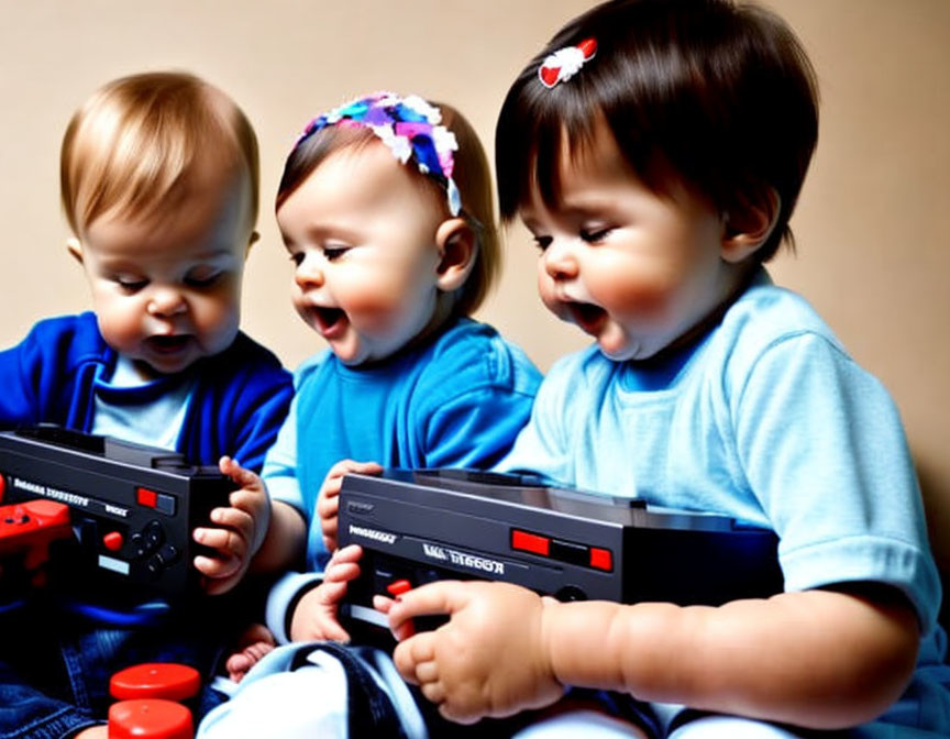 Three Babies Holding Vintage Game Controllers with Joyful Expressions