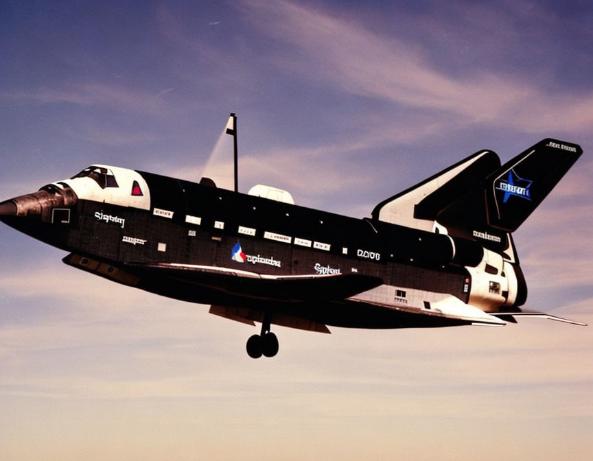 Space Shuttle Descent with Black Tiles, US Flags, and "Enterprise" Name