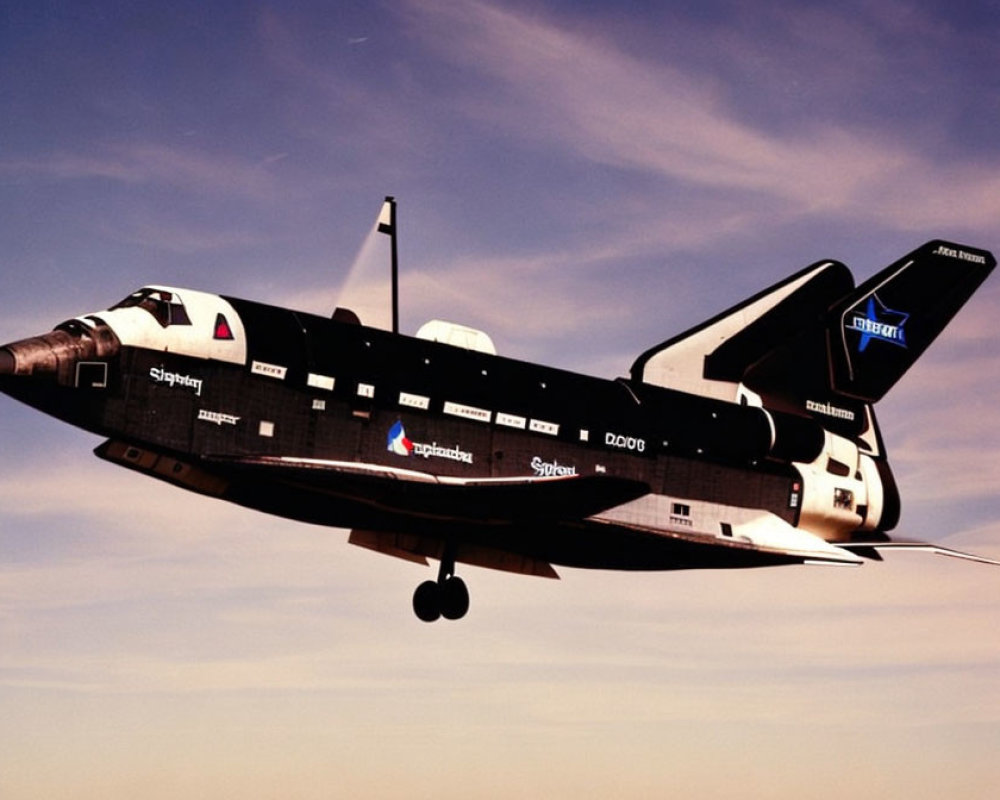 Space Shuttle Descent with Black Tiles, US Flags, and "Enterprise" Name