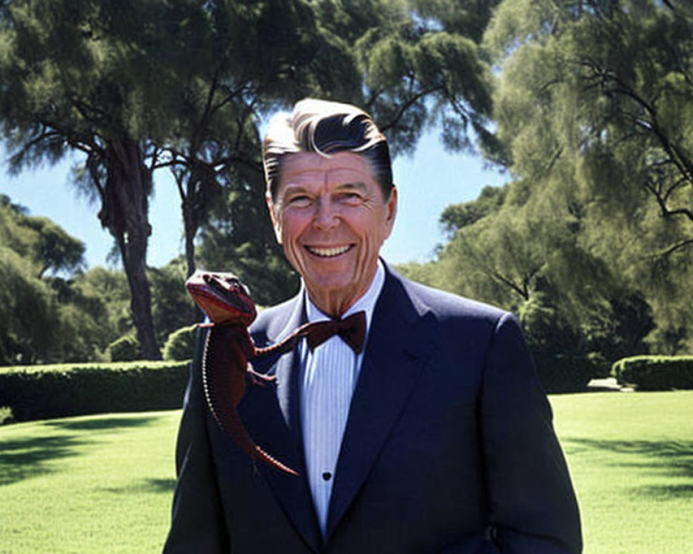 Smiling man in tuxedo with red lasso outdoors among trees