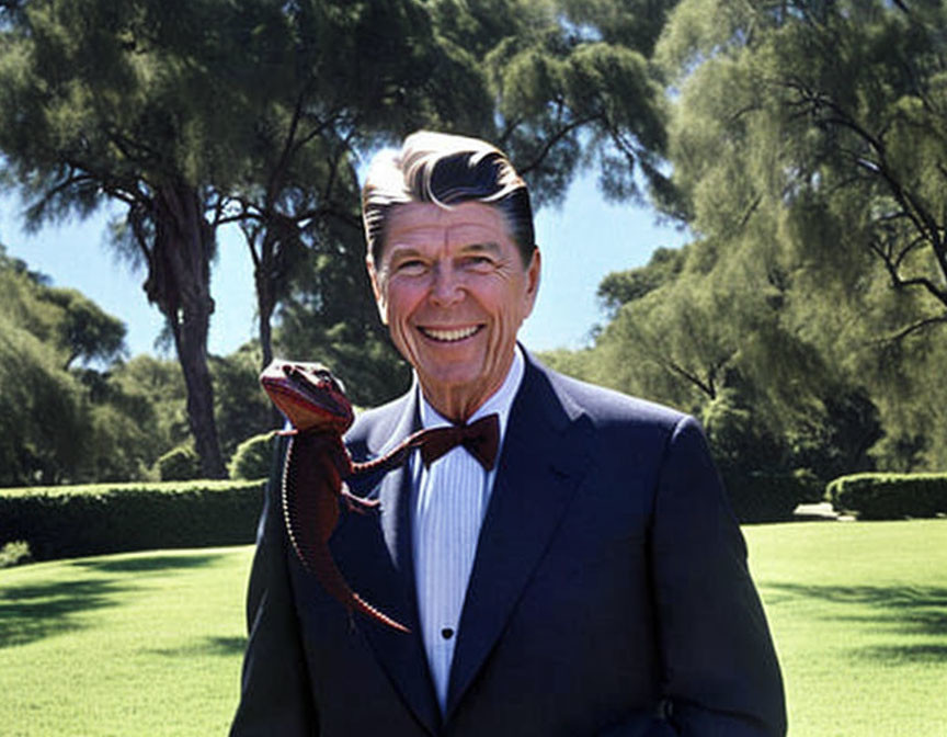 Smiling man in tuxedo with red lasso outdoors among trees