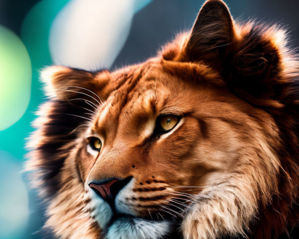 Majestic lion with vivid orange fur and yellow eyes against blue and green bokeh background