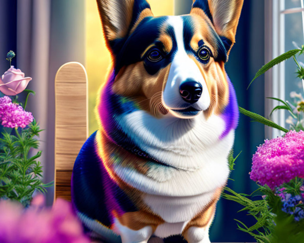 Vibrant Corgi illustration by a window with rainbow sunlight and purple flowers