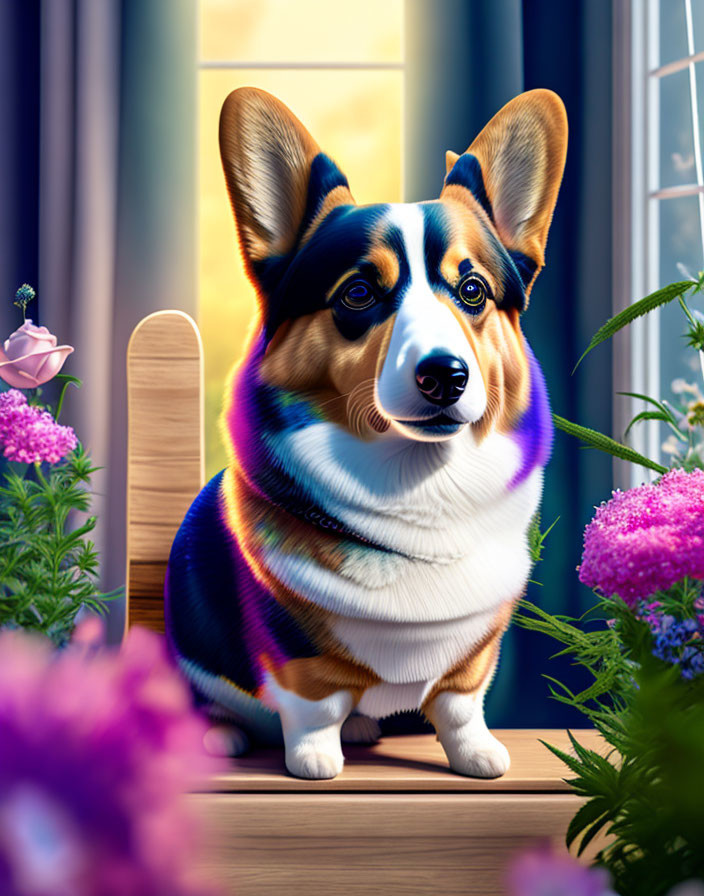 Vibrant Corgi illustration by a window with rainbow sunlight and purple flowers