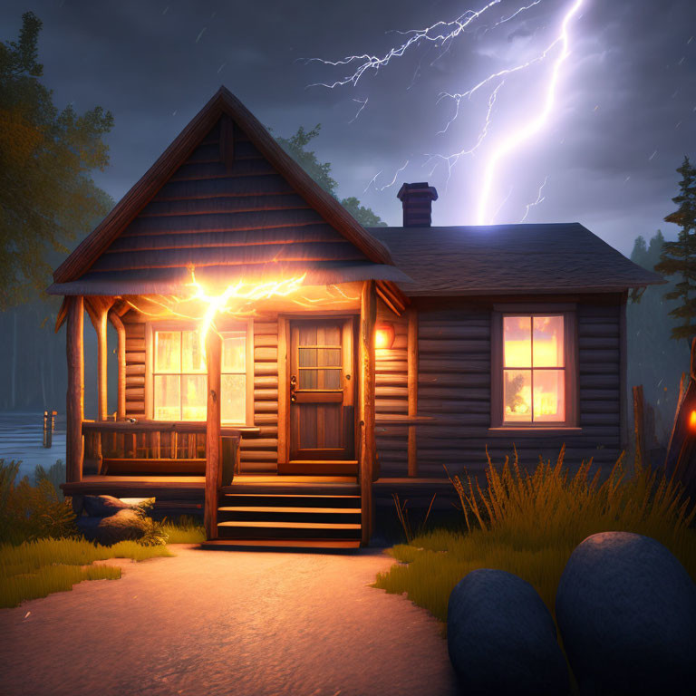 Rustic wooden cabin illuminated at twilight during stormy weather