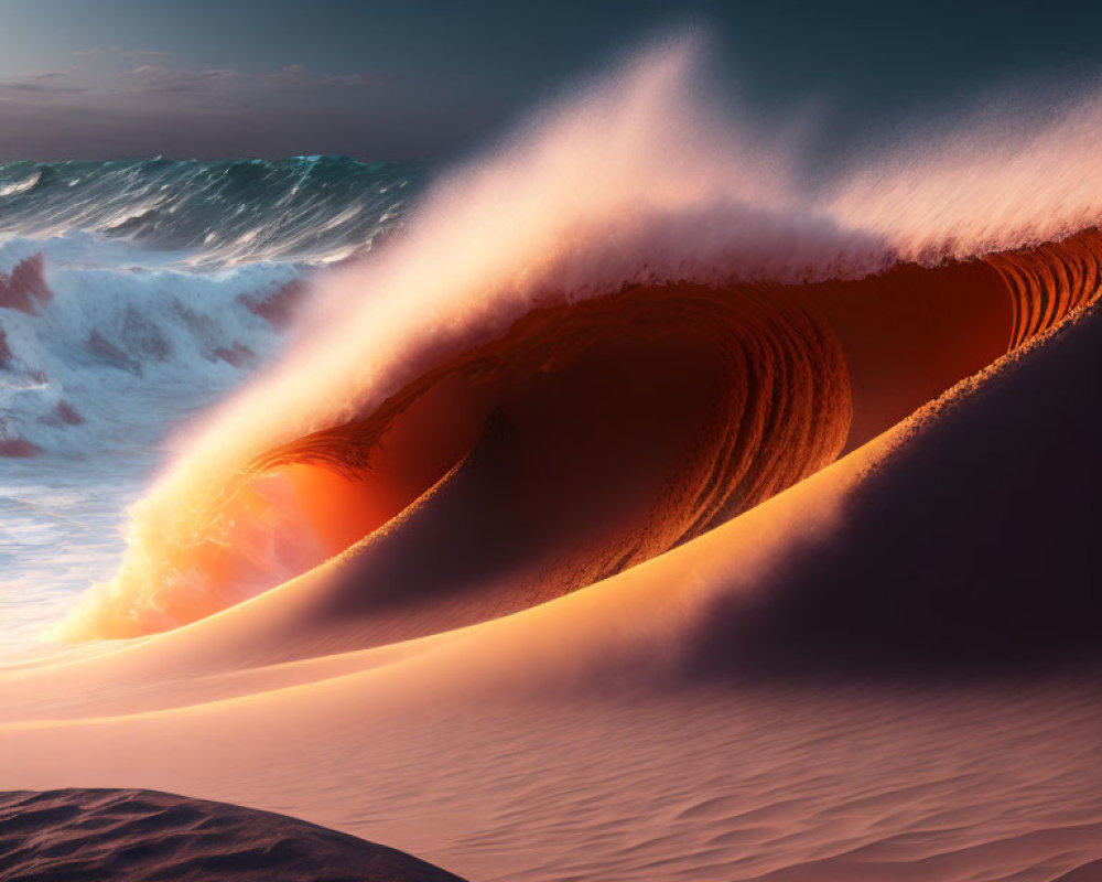 Large sand dune crest blown by wind against ocean waves and dramatic sky