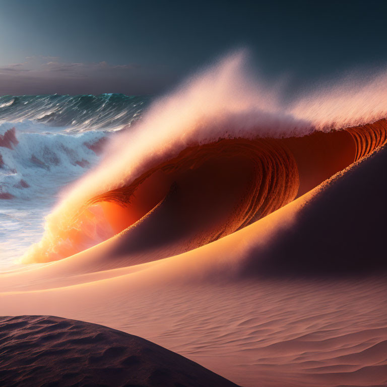 Large sand dune crest blown by wind against ocean waves and dramatic sky