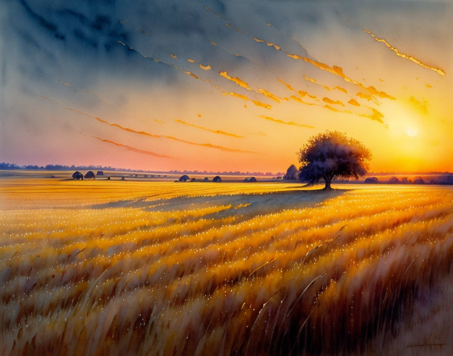 Tranquil sunset scene over golden wheat field with tree, hay bales, and birds.