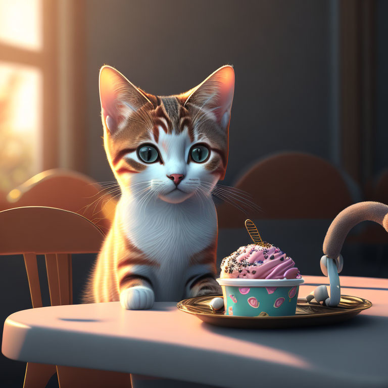 Animated cat with cupcake and cream dispenser in warmly lit room