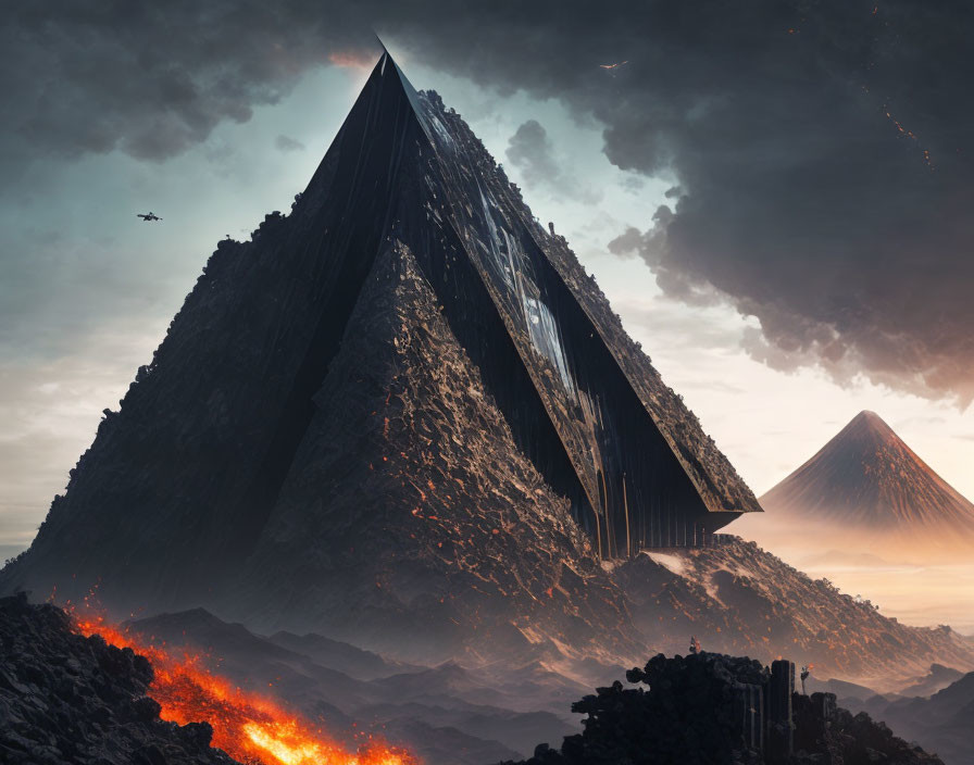 Futuristic pyramid in volcanic landscape with flying craft under hazy sky