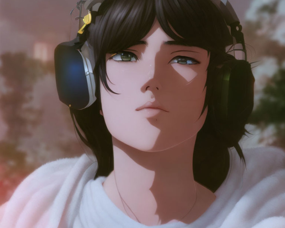 Portrait of person with black hair, green eyes, headphones, white top, soft-focus background.